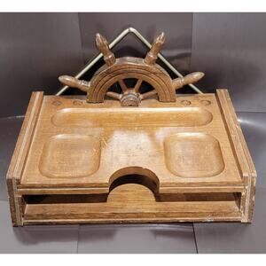 Vintage Desk Caddy sorting tray Wood Ship Wheel Nautical Theme Pen Holder